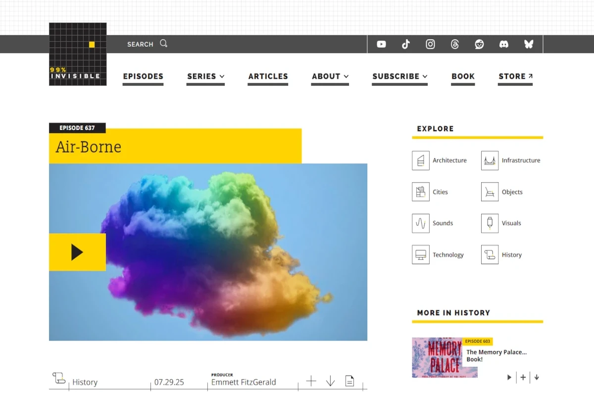 Screenshot of 99% Invisible – a site about design and architecture