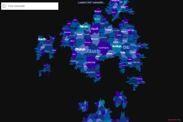 Interaktywna wizualizacja mapy przedstawiająca społeczności Reddit jako kolorowe terytoria ułożone geograficznie na podstawie wzorców nakładania się użytkowników.