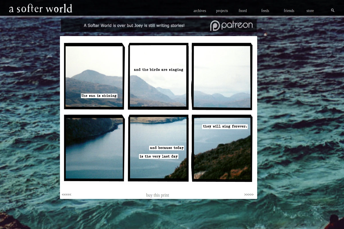 Sześćpanelowy webkomiks przedstawiający atmosferyczne krajobrazy gór i wody z nałożonym tekstem pisanym na maszynie tworzącym poetycką narrację.