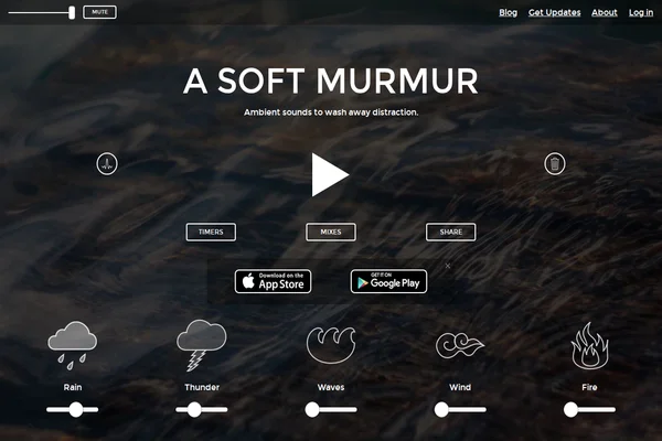 Czysty, ciemny interfejs pokazujący kontrolki dźwięków otoczenia z ikonami deszczu, gromu, fal, wiatru i ognia, każda z suwakami głośności poniżej.