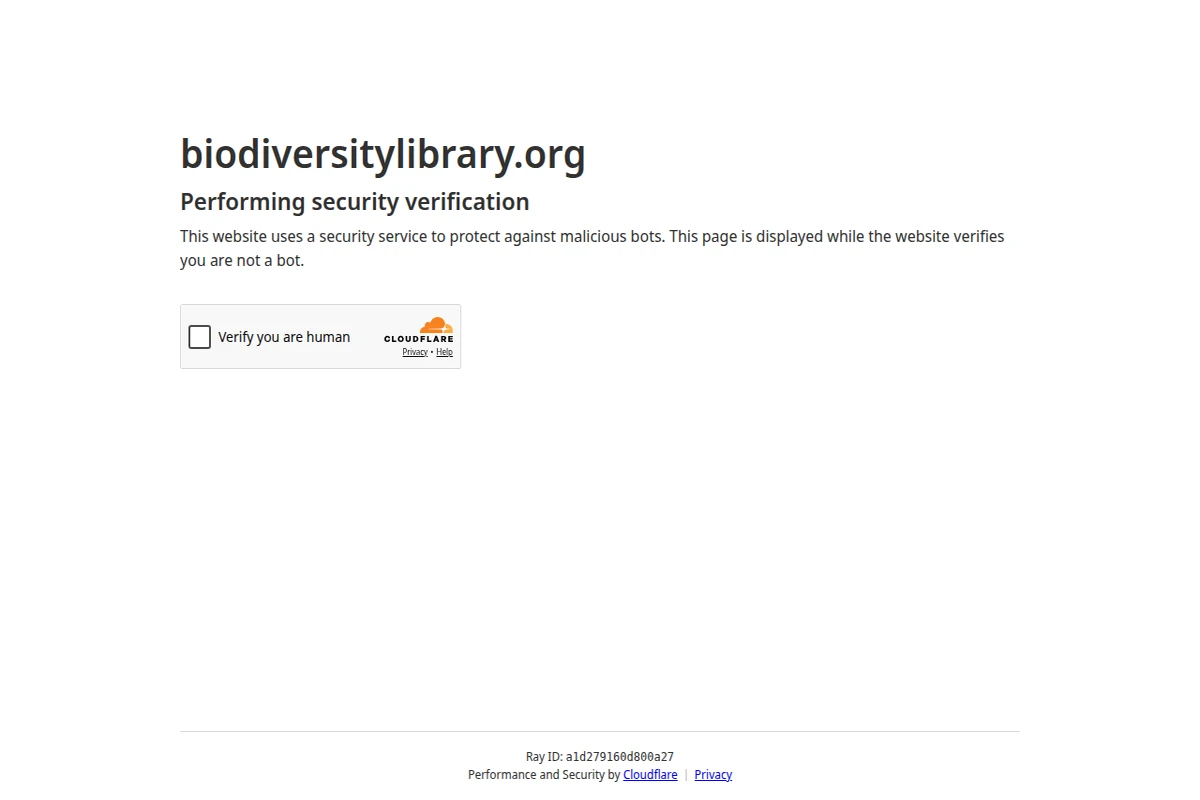 Strona weryfikacji bezpieczeństwa Cloudflare dla biodiversitylibrary.org z nazwą domeny i polem wyboru weryfikacji człowieka.