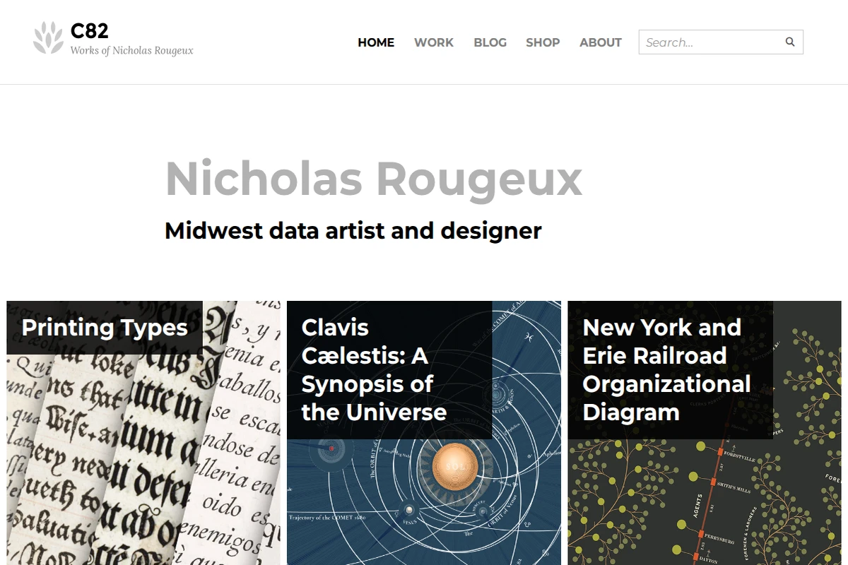 Strona główna portfolio przedstawiająca trzy wybrane projekty: historyczne typy drukarskie, diagramy astronomiczne i schemat organizacyjny kolei.