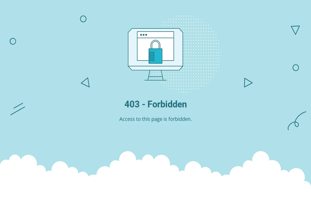 A 403 Forbidden error page with a computer monitor icon and lock symbol on a light blue background.
