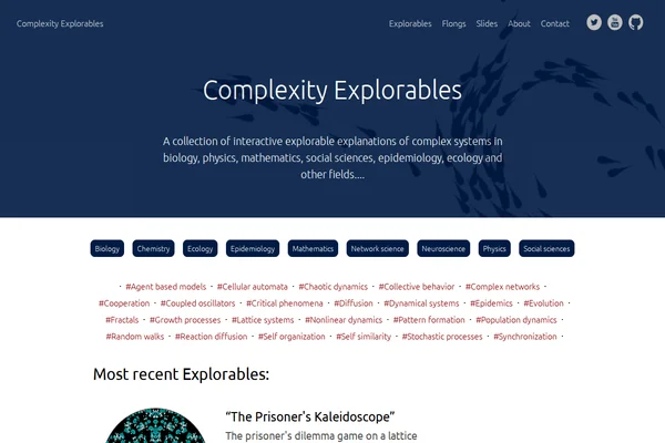 Zrzut ekranu strony głównej Complexity Explorables pokazujący główny tytuł, opis i menu nawigacyjne z tagami kategorii dla różnych dyscyplin naukowych.