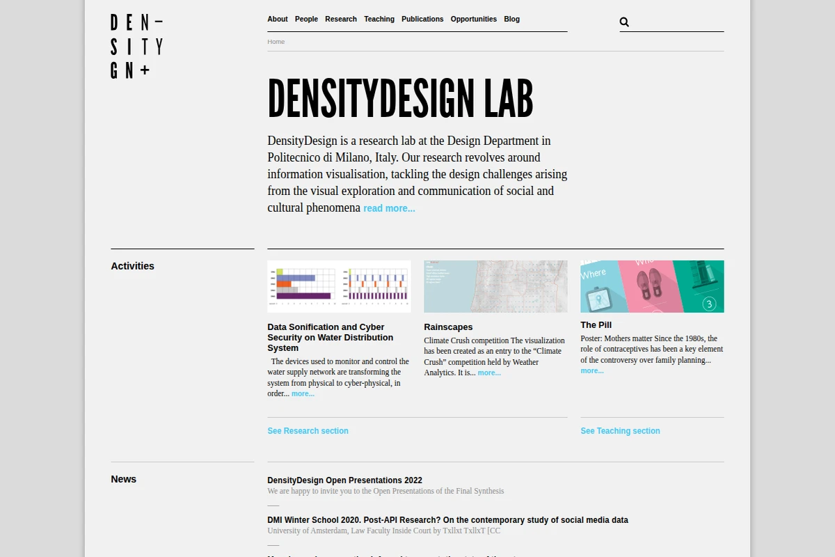 Strona główna laboratorium DensityDesign prezentująca logo oraz różne projekty wizualizacji danych, w tym dane klimatyczne i wizualizacje bezpieczeństwa.