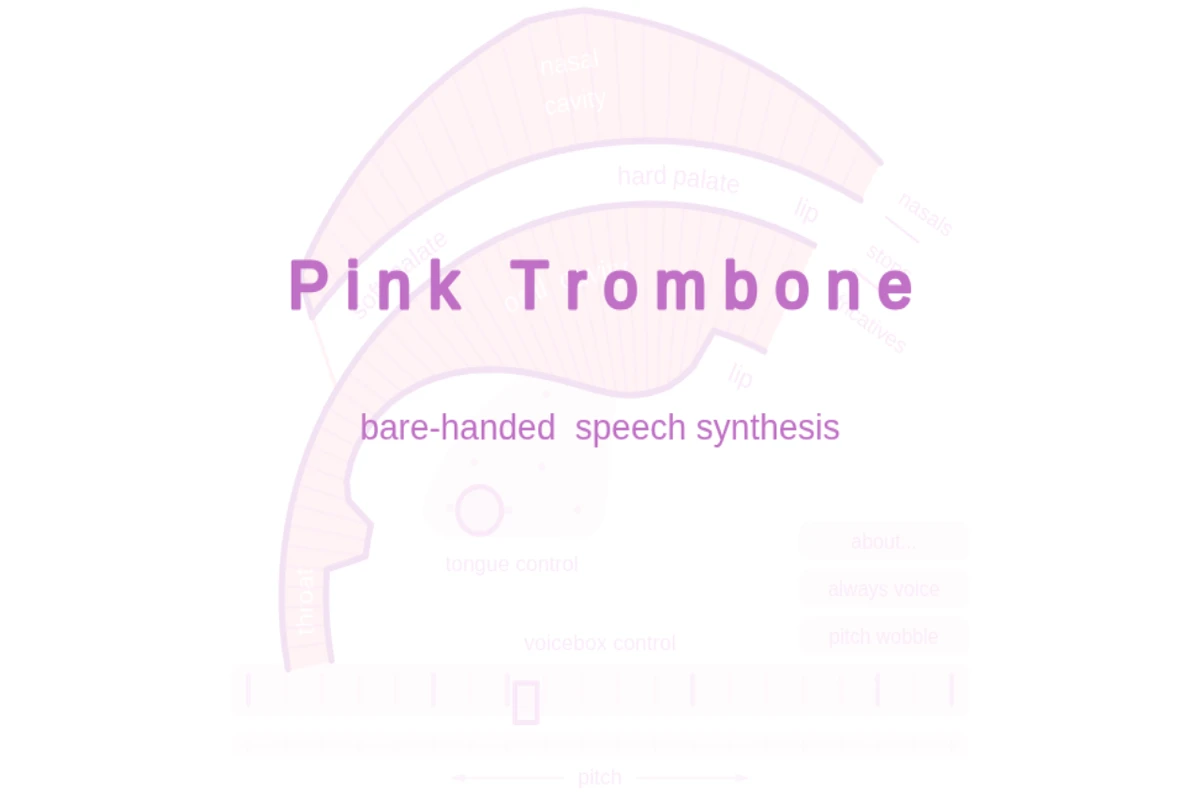A clean interface showing 'Pink Trombone' title with 'bare-handed speech synthesis' subtitle against a light pink background featuring a stylized vocal tract diagram.