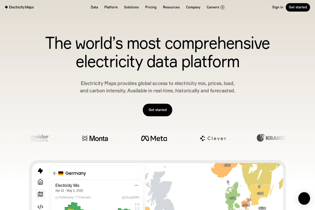 Zrzut ekranu pokazujący platformę Electricity Maps z kolorową mapą Europy wyświetlającą dane o energii dla Niemiec i menu nawigacji.