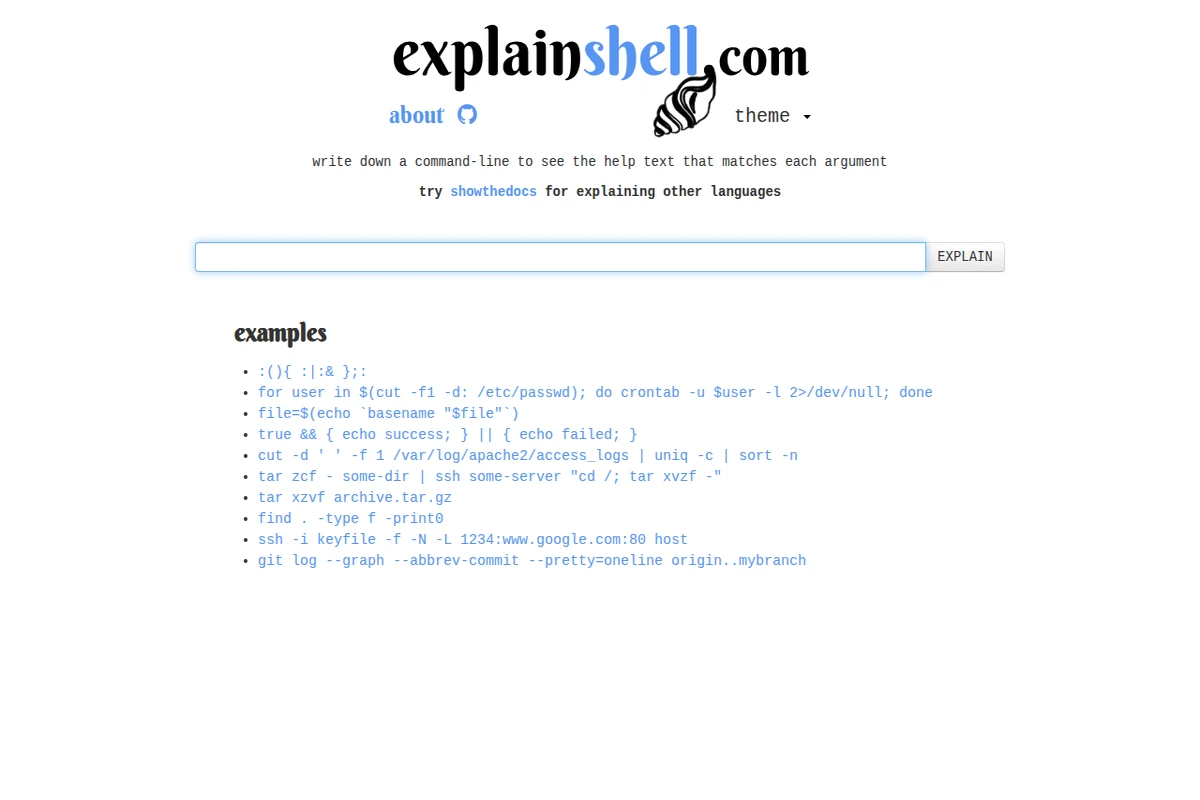 Screenshot of explainshell.com – interface of the shell command analysis tool