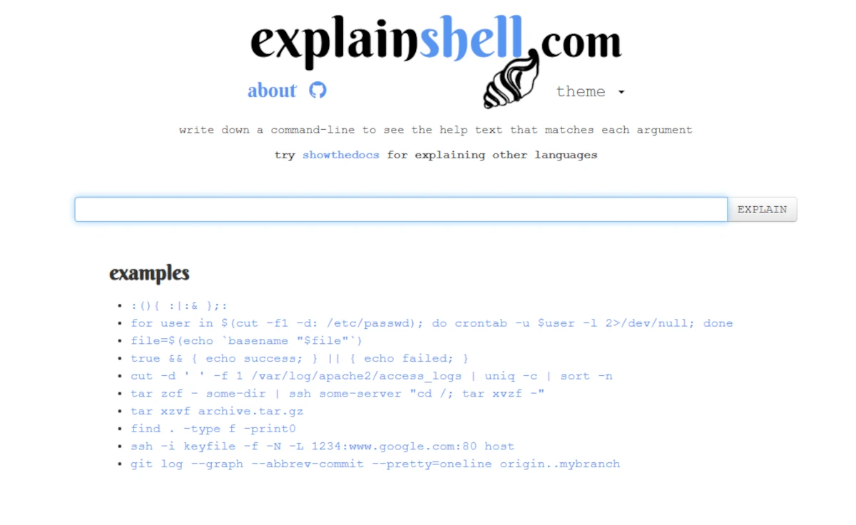 Zrzut ekranu strony explainshell.com – interfejs narzędzia do analizy poleceń bash