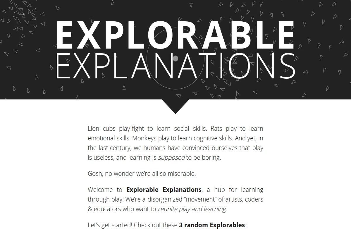 Czarno-biała strona główna Explorable Explanations z dużą typografią i rozsianymi trójkątami w tle.