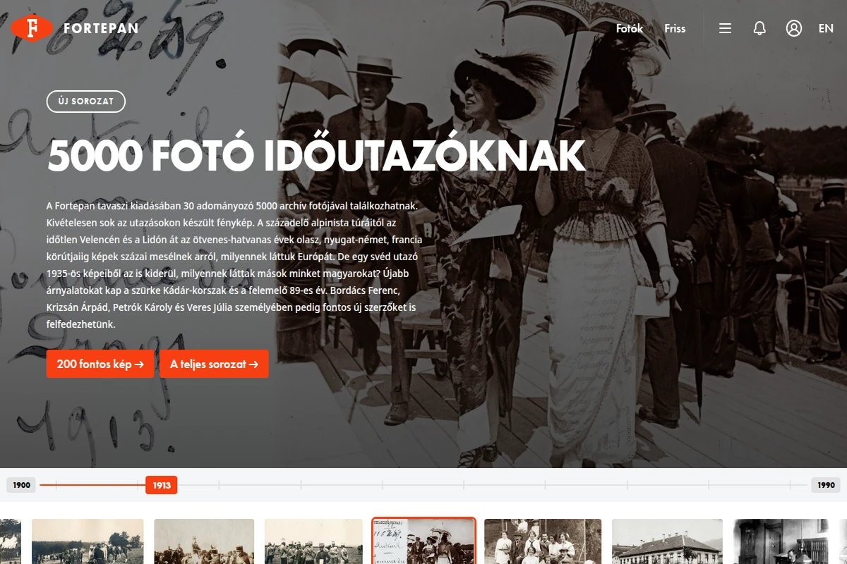 Zrzut ekranu strony Fortepan pokazujący vintage węgierskie fotografie z suwakiem osi czasu i głównym nagłówkiem '5000 FOTÓ IDŐUTAZÓKNAK'