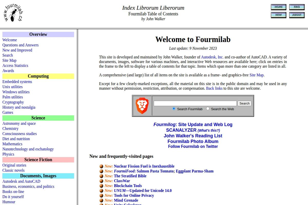 Screenshot of the Fourmilab homepage
