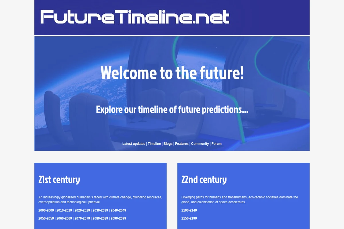 Strona główna Future Timeline z niebieskim kosmicznym designem i nawigacją po różnych stuleciach i okresach czasu.
