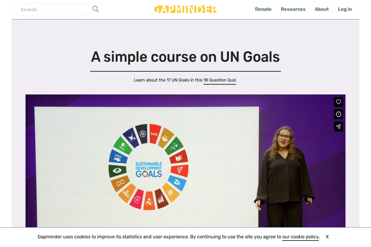 Zrzut ekranu strony głównej Gapminder pokazujący koło Celów Zrównoważonego Rozwoju ONZ i wprowadzenie do kursu.