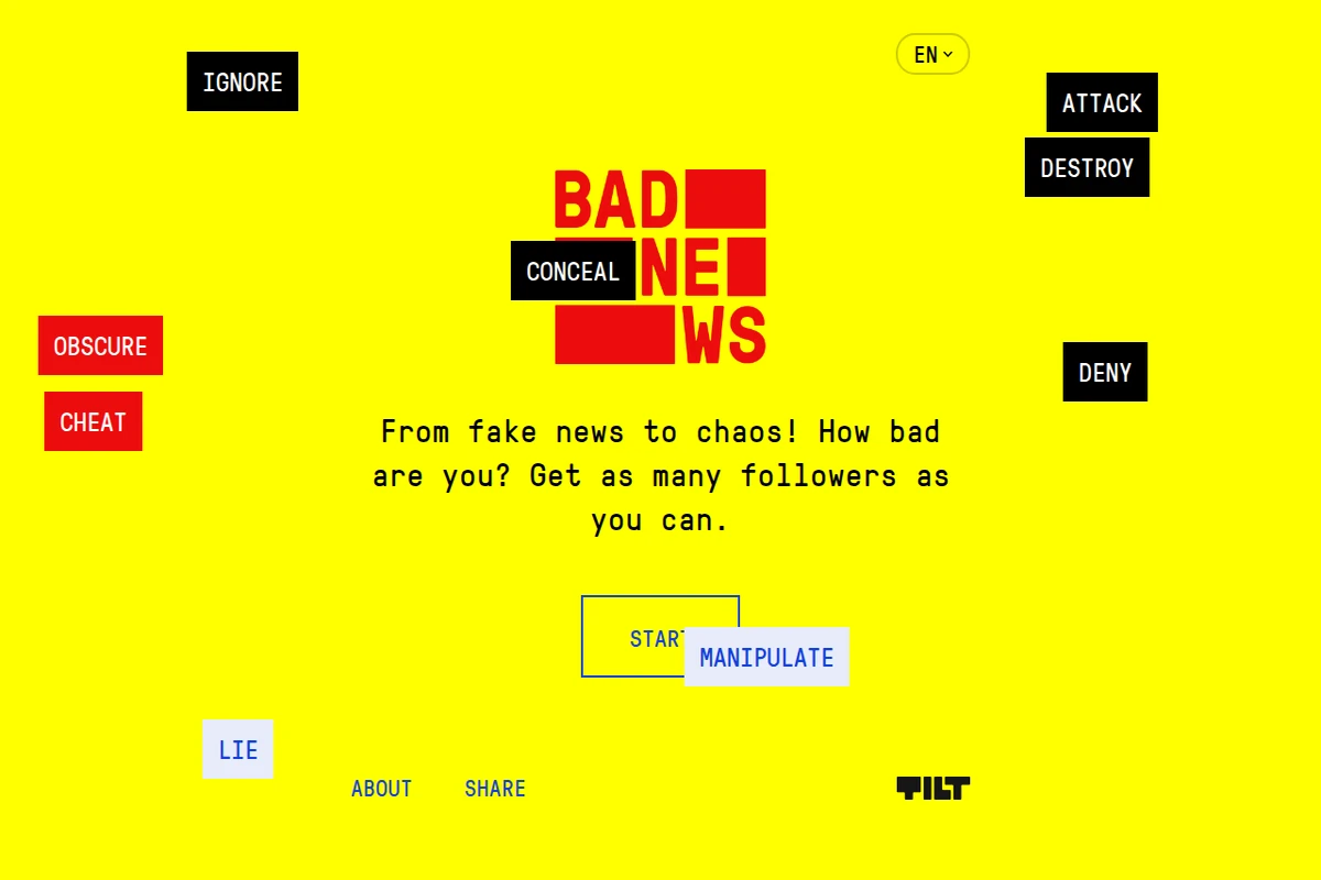 Jasno-żółta strona internetowa pokazująca interfejs gry Bad News z przyciskami akcji takimi jak 'MANIPULATE', 'ATTACK' i 'LIE' rozrzuconymi po ekranie.