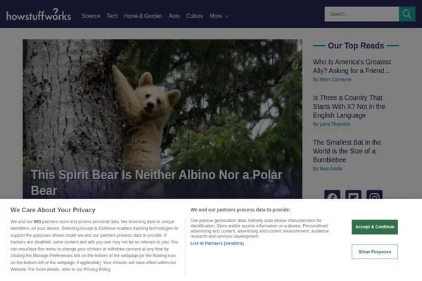 Strona główna HowStuffWorks z artykułem o niedźwiedziach duchów, menu nawigacyjnym i listą popularnych artykułów.