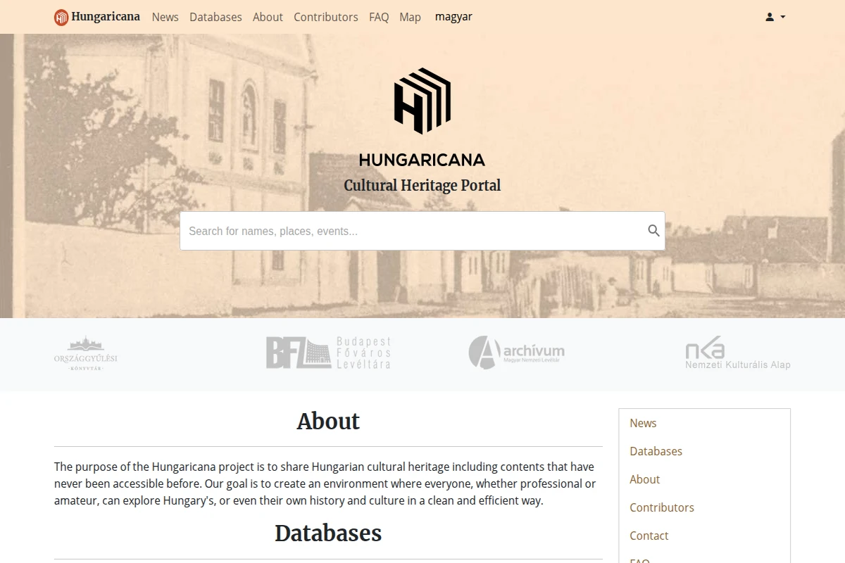 Zrzut ekranu strony głównej Hungaricana przedstawiający logo portalu dziedzictwa kulturowego i interfejs wyszukiwania na tle sepii historycznej fotografii.