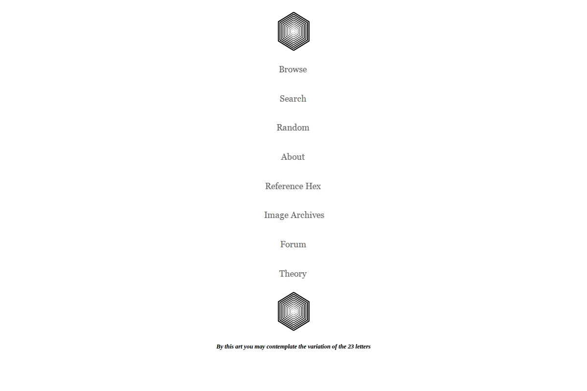Minimalistyczna strona internetowa pokazująca heksagonalne logo i menu nawigacyjne dla cyfrowego projektu Biblioteka Babel.