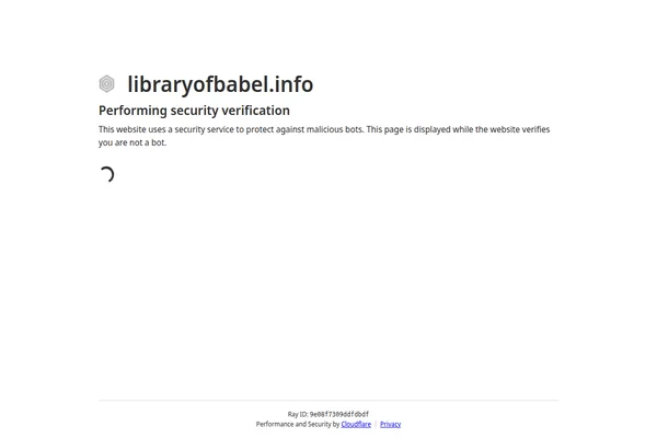 Ekran weryfikacji bezpieczeństwa strony Biblioteka Babel z ładującą się ochroną Cloudflare.