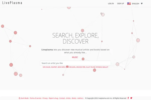 Strona główna LivePlasma pokazująca interaktywną wizualizację sieci z połączonymi węzłami reprezentującymi artystów muzycznych i interfejs wyszukiwania.