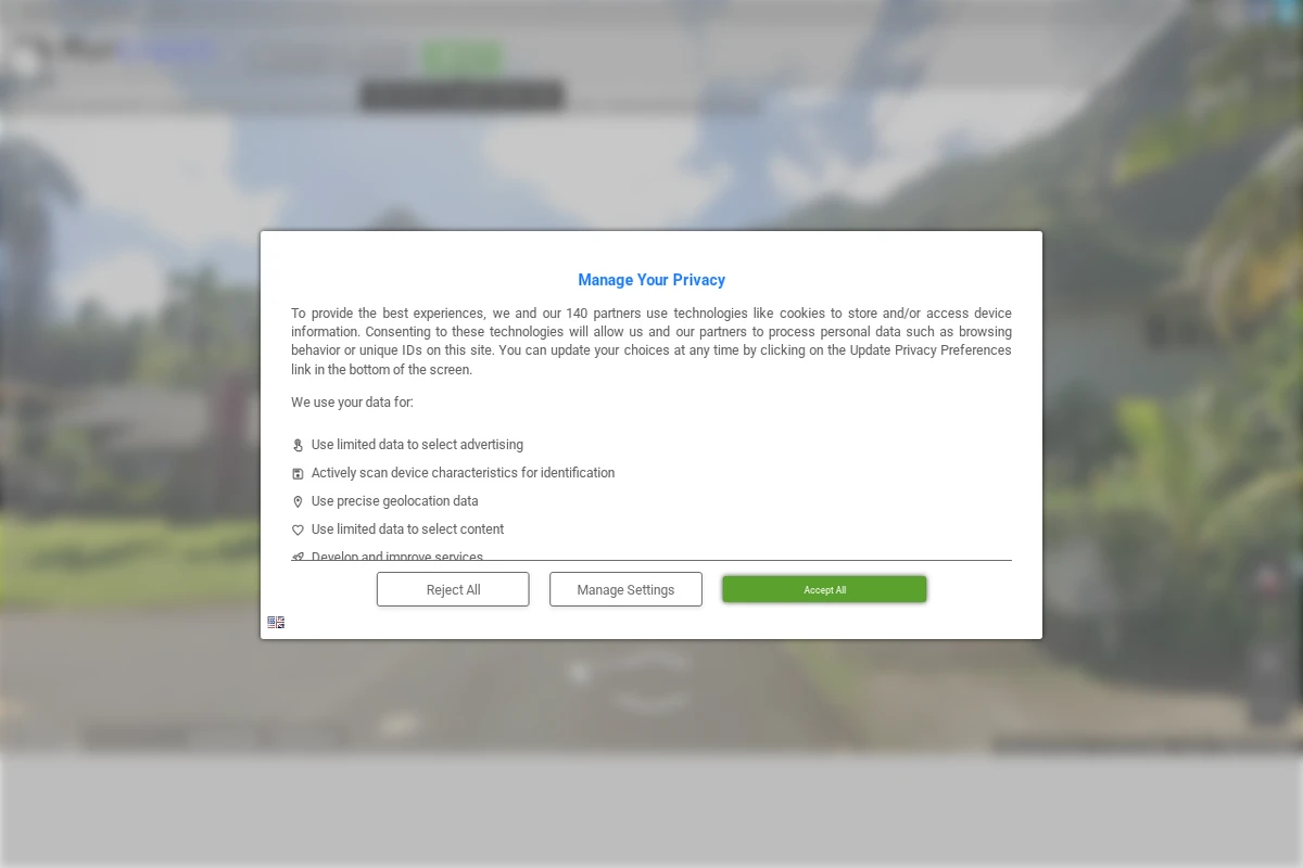 Zrzut ekranu pokazujący interfejs MapCrunch z oknem dialogowym zgody na prywatność nakładającym się na rozmyte tło Street View z górskim krajobrazem.