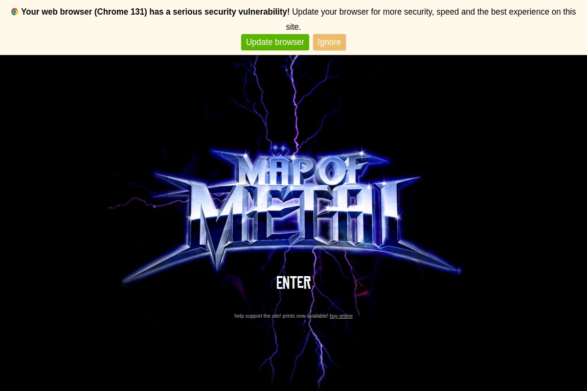 Ciemny interfejs pokazujący logo Map of Metal z efektami błyskawic i przyciskiem 'ENTER' poniżej.