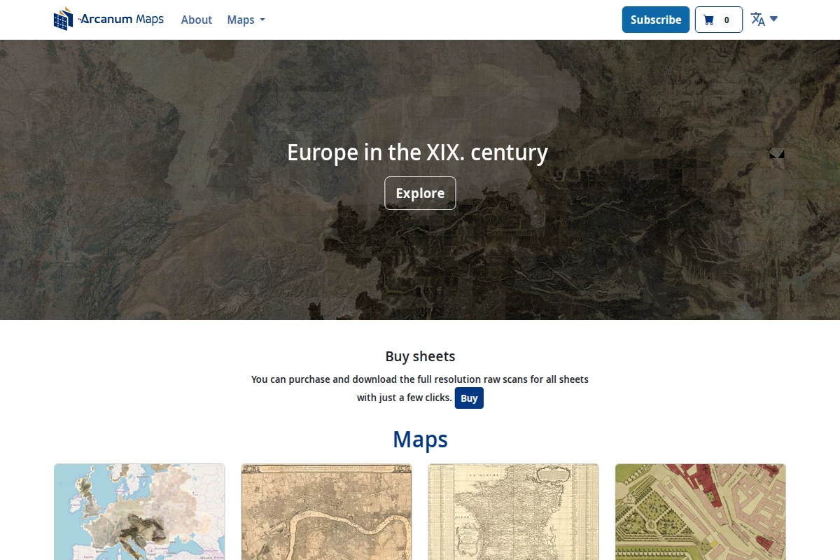 Strona główna Arcanum Maps z historyczną mapą w tle, menu nawigacyjnym i nagłówkiem Europa w XIX wieku.