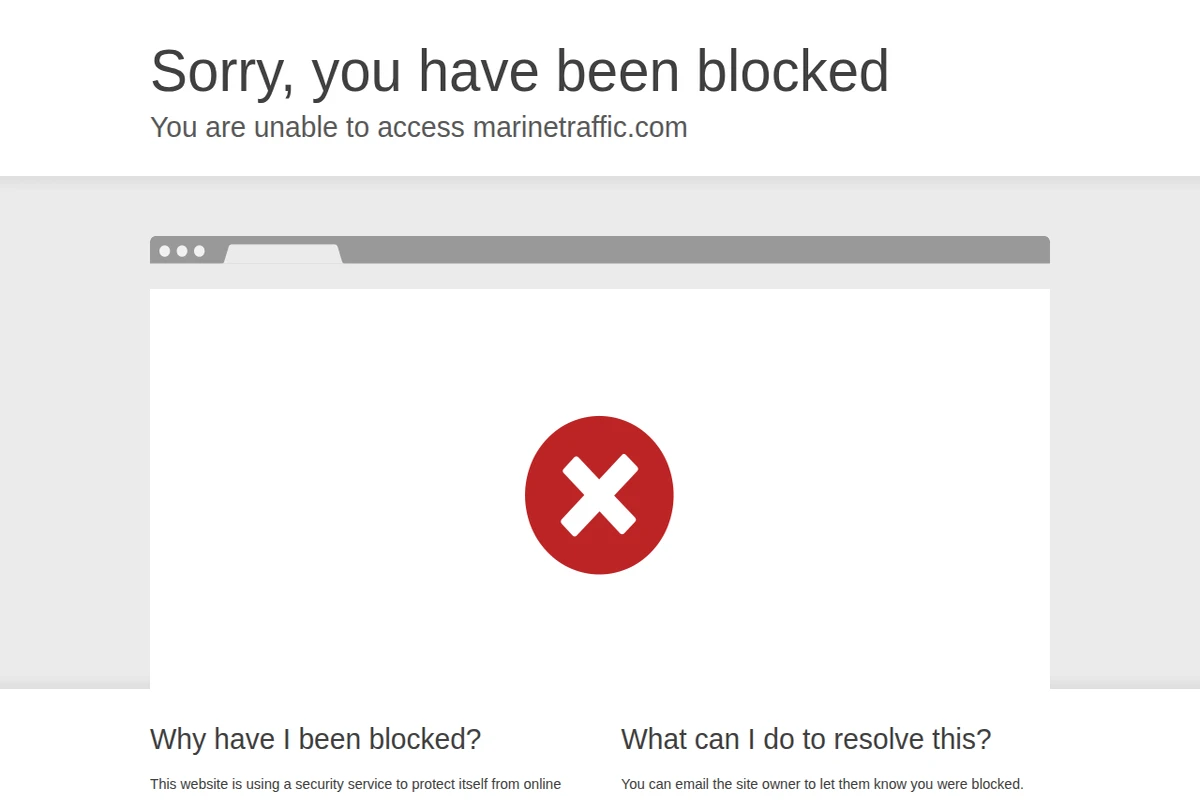 Przeglądarka pokazująca komunikat o zablokowanym dostępie do strony MarineTraffic z czerwoną ikoną X