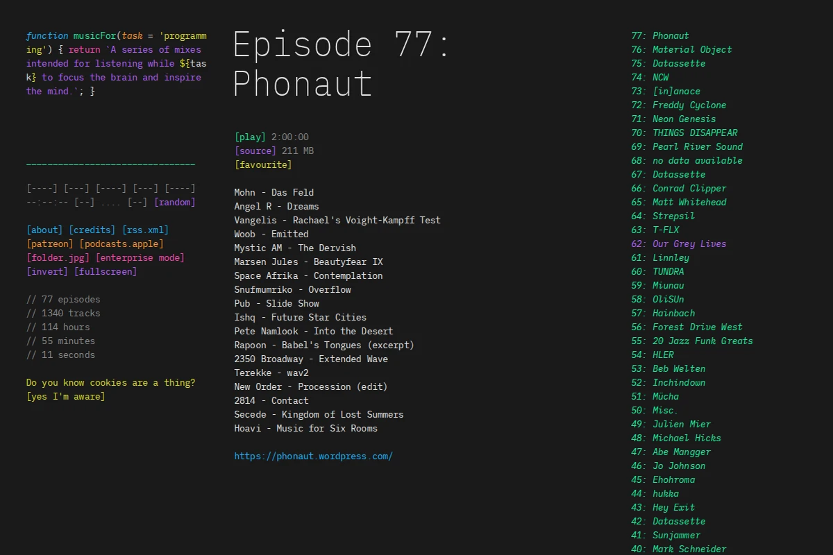 Screenshot of the Music for Programming website