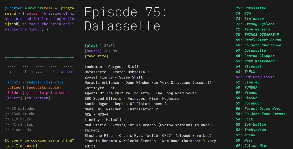 Zrzut ekranu strony Music for Programming