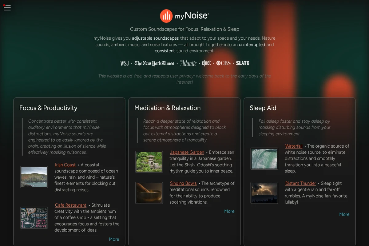 The myNoise website homepage showing three main categories: Focus & Productivity, Meditation & Relaxation, and Sleep Aid, with various soundscape options like Irish Coast and Japanese Garden.