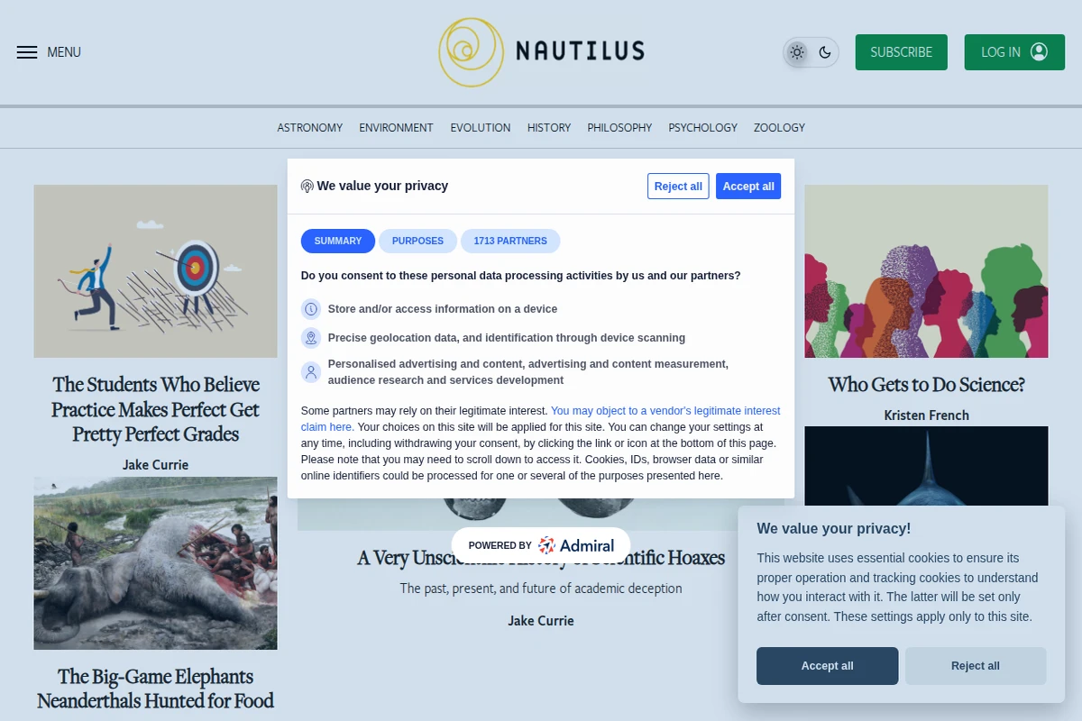 Zrzut ekranu strony głównej magazynu Nautilus pokazujący podglądy artykułów z czystą typografią i wyróżnionymi historiami na tematy naukowe.