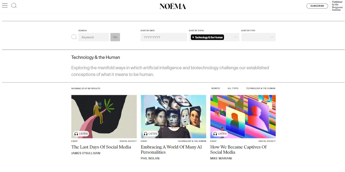 Zrzut ekranu strony Noema Magazine – magazyn o globalnych przemianach