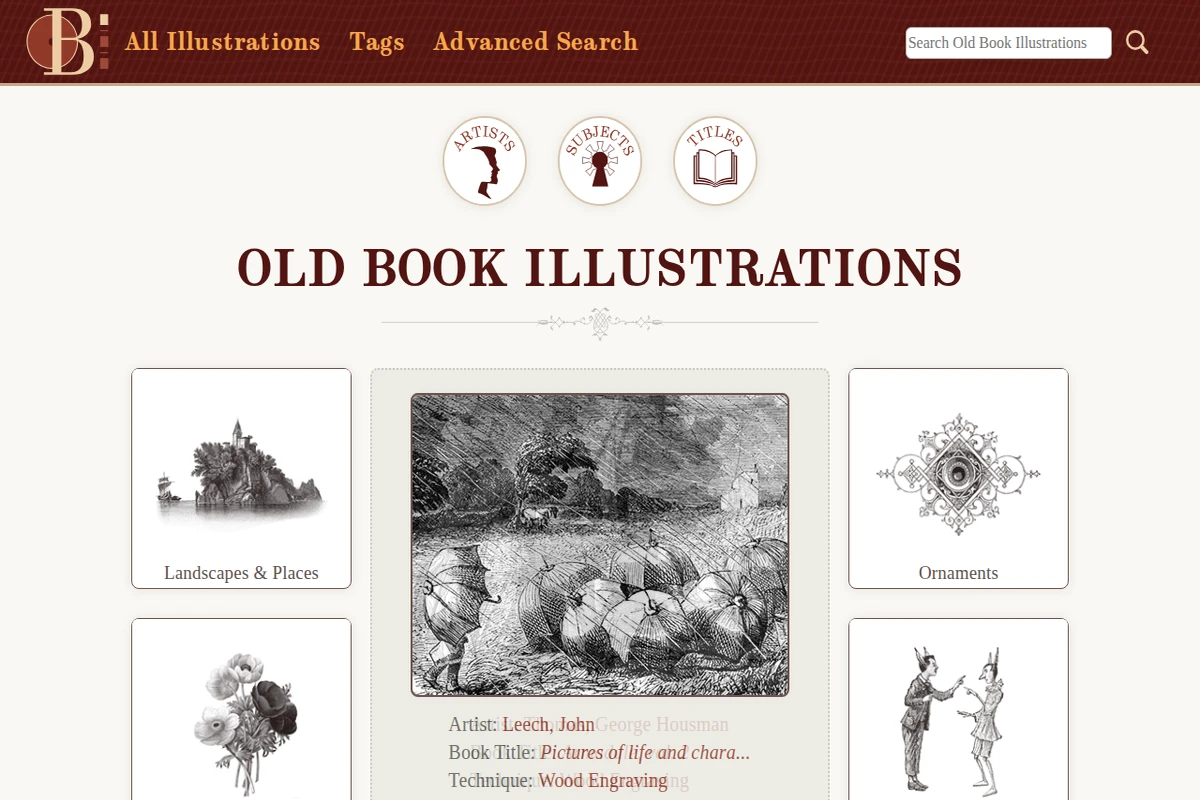 Zrzut ekranu strony Old Book Illustrations pokazujący vintage'owe ryciny uporządkowane według kategorii takich jak Krajobrazy i Miejsca oraz Ornamenty.