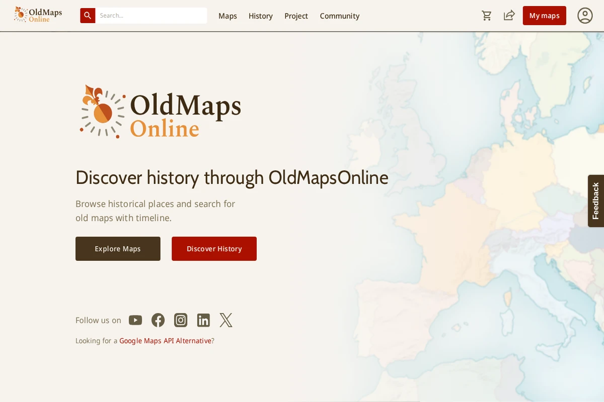 Zrzut ekranu strony głównej OldMapsOnline pokazujący historyczne mapy regionu Morza Bałtyckiego z interfejsem osi czasu i funkcjonalnością wyszukiwania.