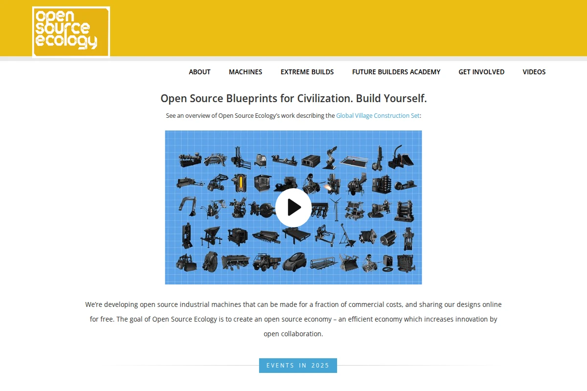 Siatka 50 maszyn przemysłowych przedstawionych jako rysunki techniczne na niebieskim tle, pokazująca kompletny Globalny Zestaw Konstrukcyjny Wioski od Open Source Ecology.