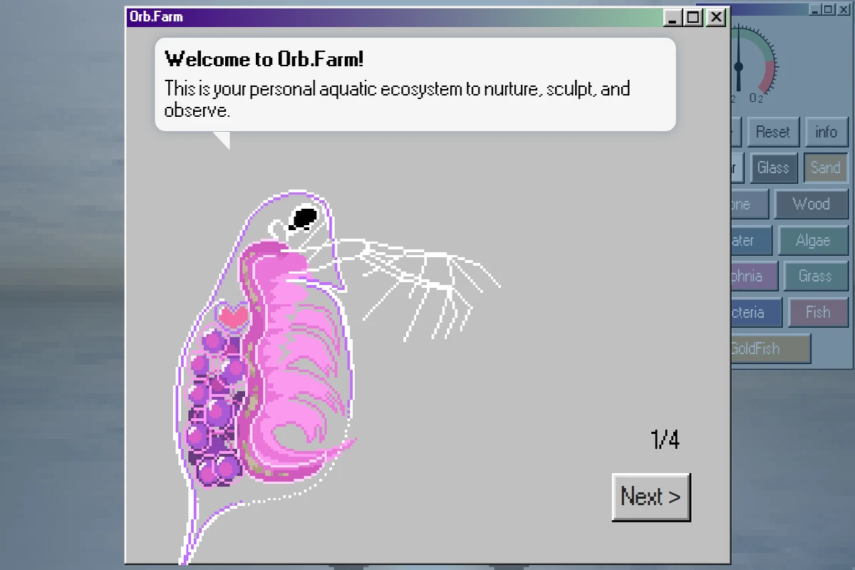 Zrzut ekranu Orb.Farm pokazujący pikselowy ekosystem wodny ze spiralnym organizmem w kolorach różowym i fioletowym, różnymi elementami interfejsu do dodawania materiałów i stworzeń oraz kontrolami środowiskowymi.