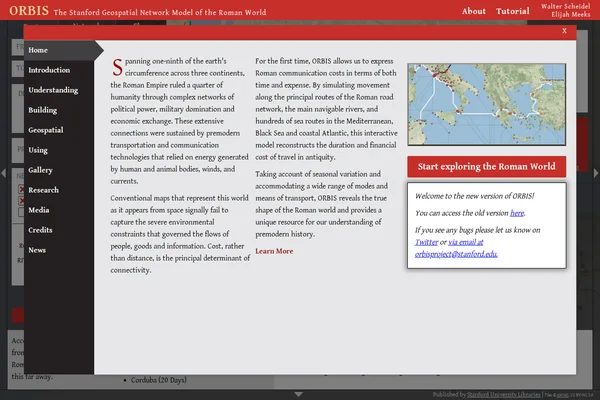 Zrzut ekranu interfejsu ORBIS pokazujący interaktywną mapę Imperium Rzymskiego z trasami transportowymi i kalkulacjami czasu podróży między miastami.