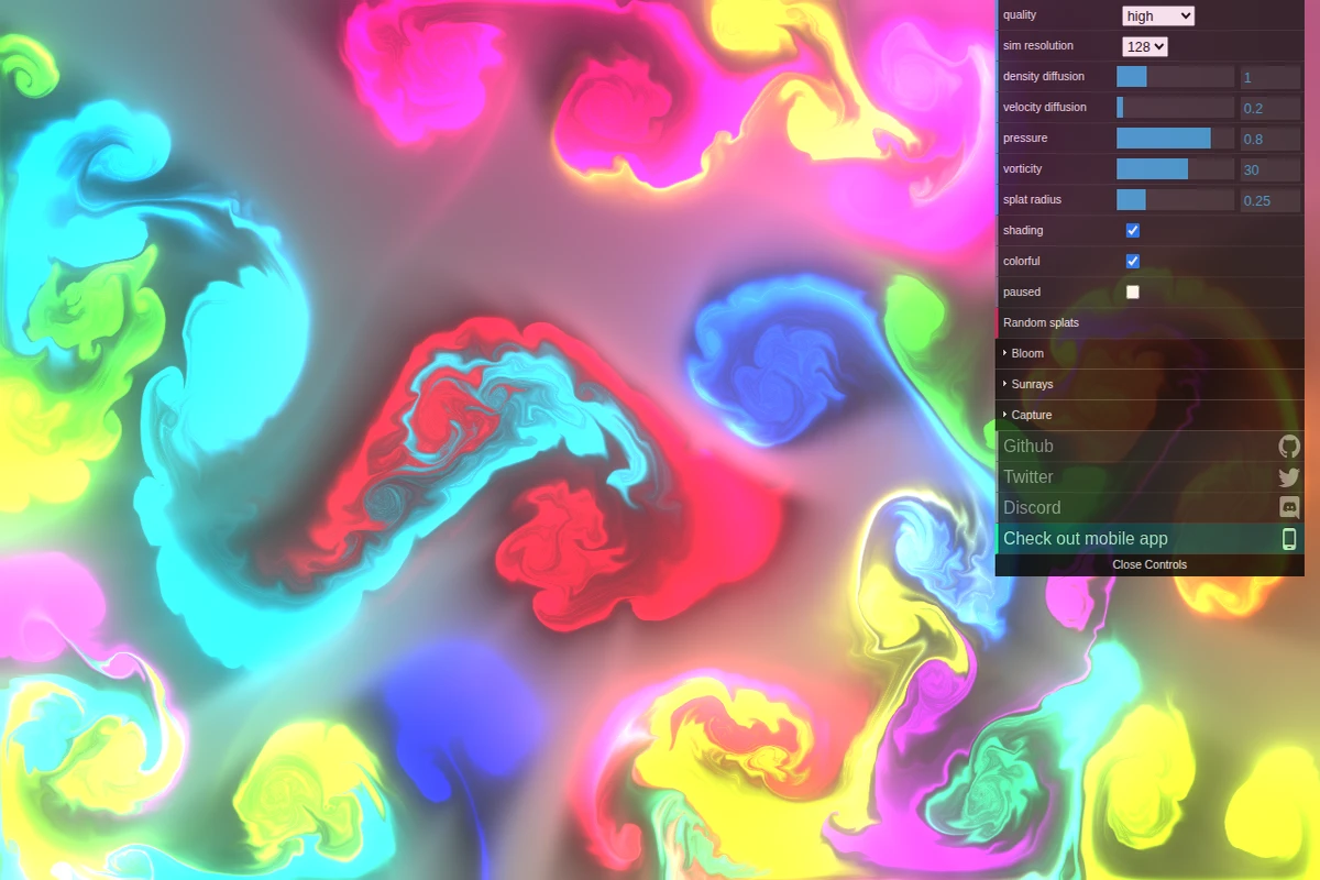 Kolorowa symulacja płynów pokazująca wirujące wzory niebieskich, czerwonych, żółtych i zielonych kolorów mieszających się jak płynna farba.