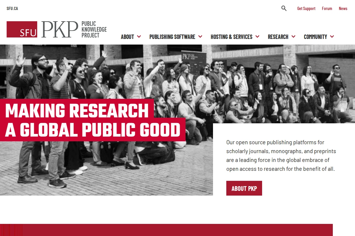 Zrzut ekranu strony głównej PKP przedstawiający ich misję czynienia badań globalnym dobrem publicznym poprzez platformy publikacyjne open source.