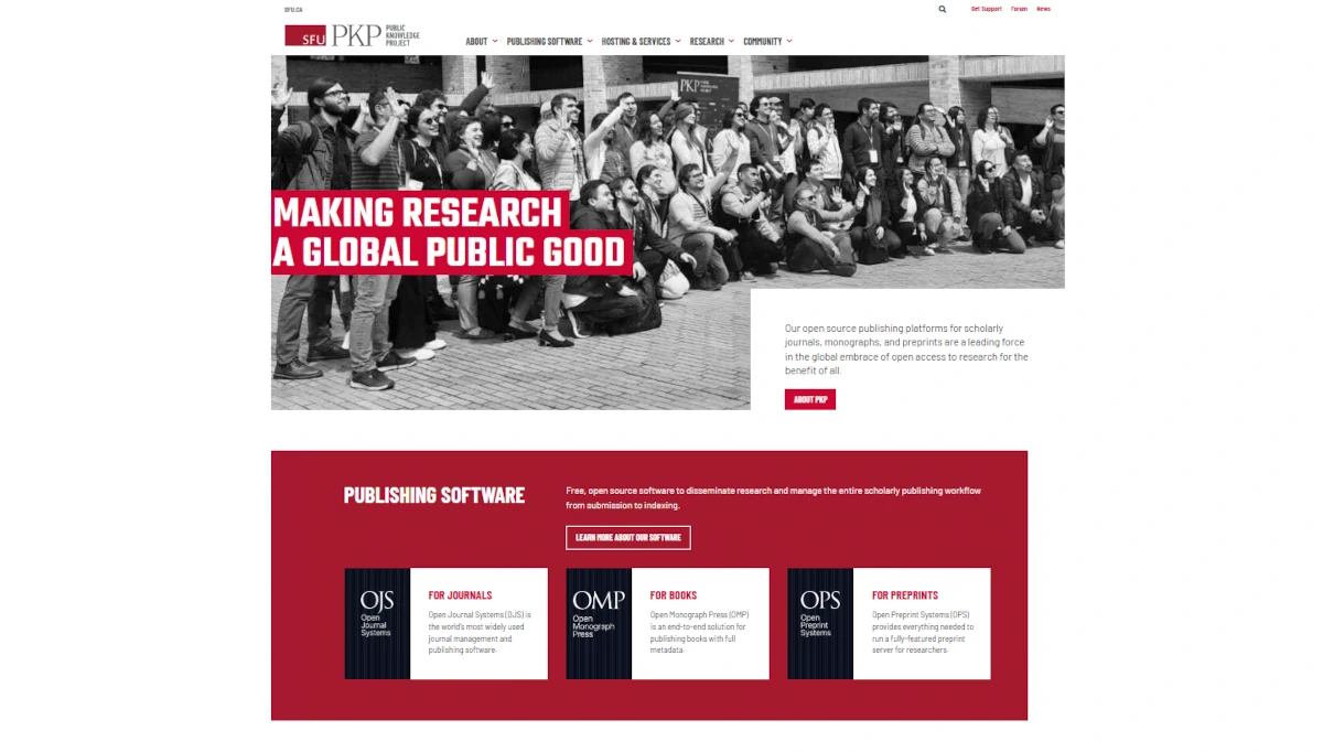 Zrzut ekranu strony Public Knowledge Project – otwarte oprogramowanie dla nauki