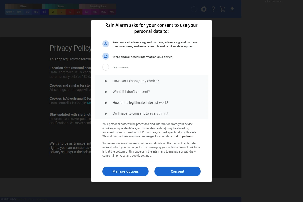 Strona Rain Alarm pokazująca dialog zgody na prywatność nad interfejsem radaru pogodowego ze skalą intensywności opadów.