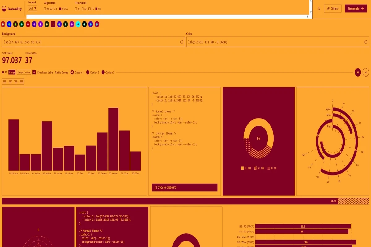 Screenshot of randoma11y.com – a tool for generating high-contrast color pairs