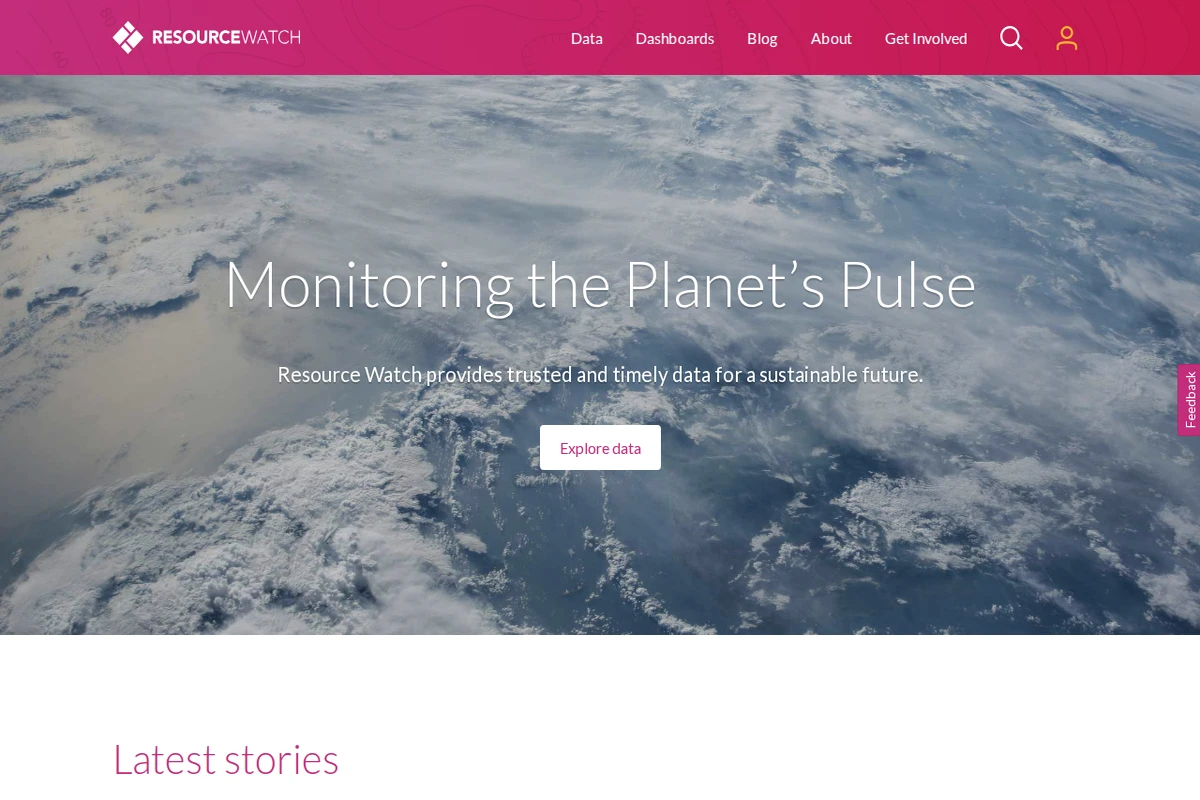 Zrzut ekranu strony głównej Resource Watch z widokiem Ziemi z kosmosu i hasłem 'Monitoring the Planet's Pulse'.