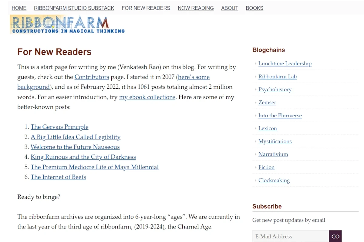 Screenshot of Ribbonfarm website – essay archive by Venkatesh Rao