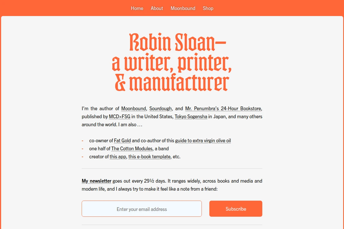 Osobista strona Robina Sloana w kolorach pomarańczowym i kremowym z jego nazwiskiem i opisem jako pisarz, drukarz i wytwórca.