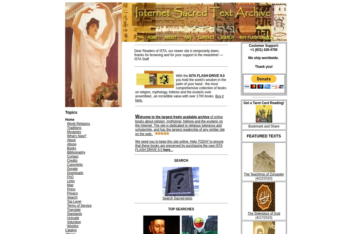 Zrzut ekranu strony głównej Sacred Texts pokazujący menu nawigacyjne, promowane treści o archiwum tekstów religijnych i funkcję wyszukiwania.