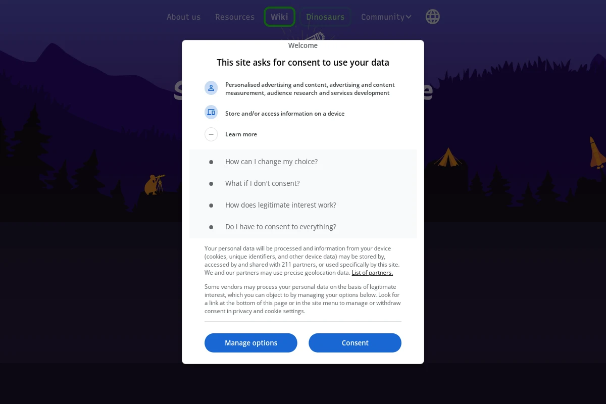 Interaktywna strona internetowa pokazująca okno zgody na tle kosmicznym z górami i gwiazdami, część doświadczenia Skala Wszechświata.