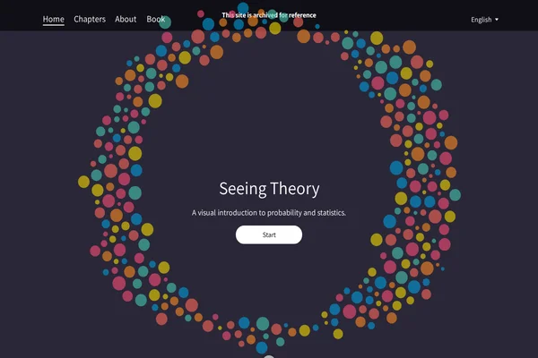 Strona główna Seeing Theory pokazująca okrągły układ kolorowych kropek wokół tytułu i podtytułu opisującego ją jako wizualne wprowadzenie do prawdopodobieństwa i statystyki.