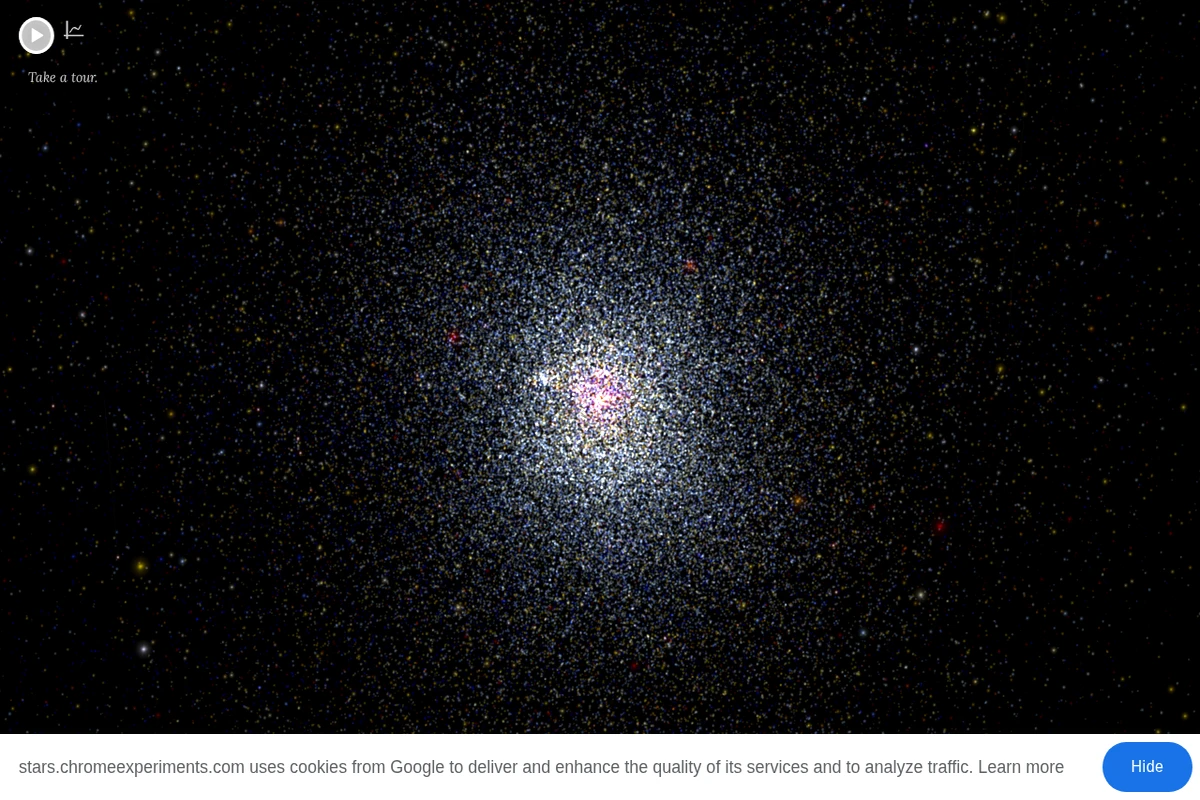A 3D visualization showing thousands of stars as colorful points against a black space background with navigation controls.